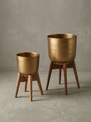 Pflanzkübel Set Alu und Holz Gold/Braun modern 2-teilig