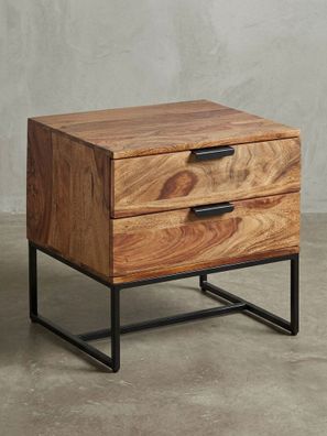 Nachttisch - Massivholz/Eisen, 50x40x51cm, 2 Schubladen, Industrial-Stil