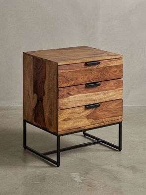 Nachttisch - Massivholz/Eisen, 50x40x65cm, 3 Schubladen, Industrial-Stil