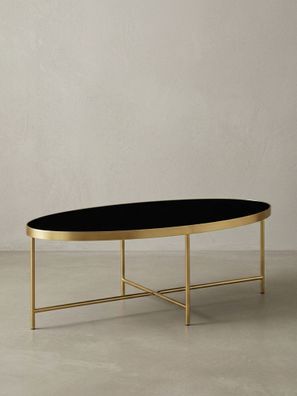 Couchtisch oval Schwarz/Gold, Glasplatte, filigranes Metall, 110x56cm