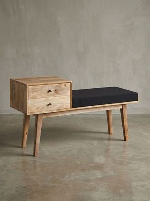 Sitzbank - Mango Holz, Schwarz, Schubladen, Retro-Stil