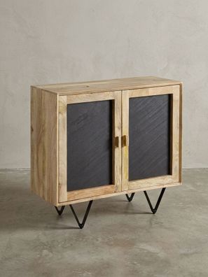 Sideboard - Mangoholz, 80x75x35cm, mit Stauraum, anthrazitfarbene Türen