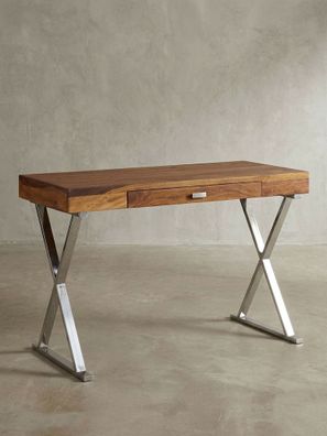 Schreibtisch Massivholz X-Metallgestell Schublade 120 x 55 x 78 cm