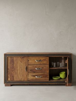 Sideboard - Massivholz, Kunstleder, 160x44x80cm, rustikal