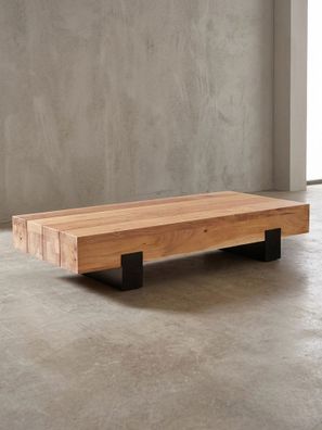 Couchtisch Industrie-Stil in Akazienholz und Schwarz Metall, Maße 130x25x59cm