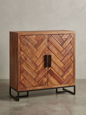 Schuhschrank - Massivholz, 100x105x40cm, Fischgrätmuster, große Ablage