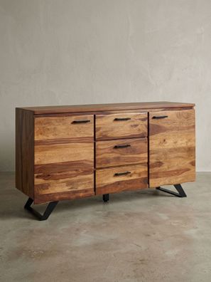 Sideboard - Massivholz, 145x82x45cm, mit Baumkante, Metallgestell