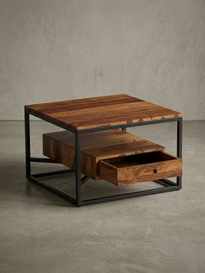 Sofatisch Sheesham Massivholz und Metall, Quadratisch mit Schublade, Maße 60x60x40cm