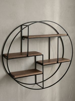 Wandregal Mango Massivholz Metall Industrial Stil 70x70x18cm Rund