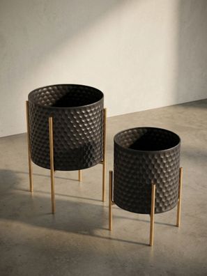 Pflanzkübel 2er Set Eisen Schwarz/Gold rund, Waben-Muster, 30x30x44 cm