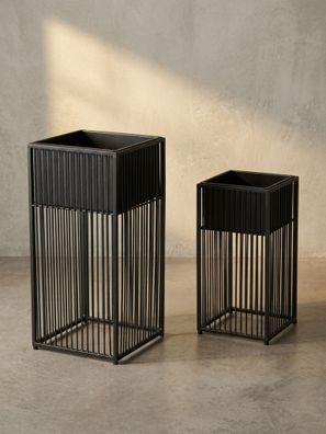 Pflanzkübel 2er Set Eisen Schwarz eckig mit Standgestell 25 x 50 und 20 x 40 cm