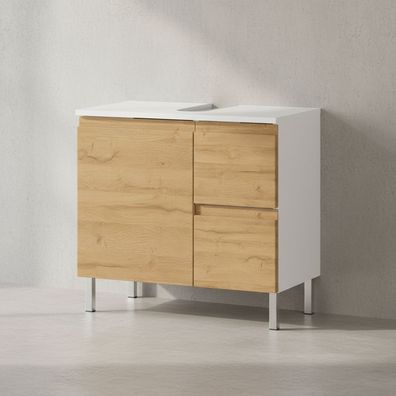 Waschbeckenunterschrank Weiß und Eiche Grandson 60x34x56 cm mit Chromfüßen VEER