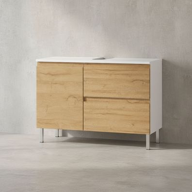 Waschbeckenunterschrank Weiß und Eiche Grandson 80x34x56 cm mit Chromfüßen VEER