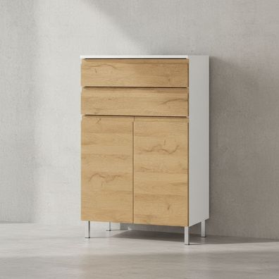 Badschrank Weiß/Eiche Grandson, Schubladen, grifflos, Chromfüße, 60x97x34cm