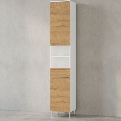 Hochschrank Weiß/Eiche Grandson 34x190x34cm Schublade Fächer Chromfüße VEER