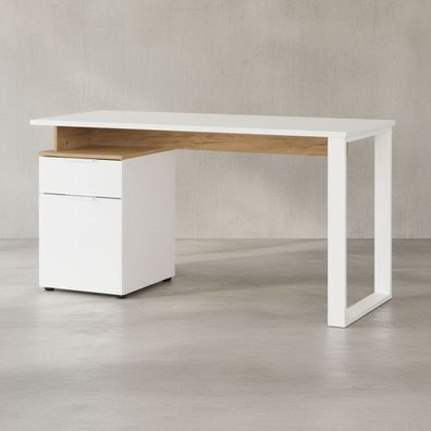Schreibtisch - Weiß/Beige, 140x61x74cm, mit Container, stoßfest, Metallkufen
