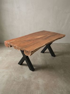 Esszimmertisch - Akazie Massivholz 200x100x77cm X-Gestell Natur Schwarz