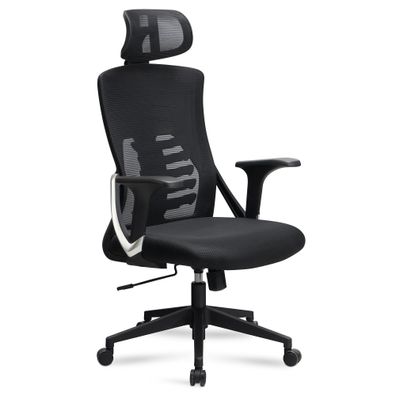 Bürodrehstuhl Schwarz Mesh, Wippmechanik, Kopfstütze, 4-fach Lordosenstütze