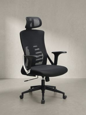 Bürodrehstuhl Schwarz Mesh, Wippmechanik, Kopfstütze, 4-fach Lordosenstütze