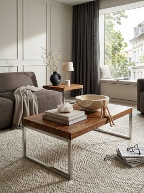 Couchtisch ISEN Massivholz mit Chromfüßen handgefertigt 120x60x40 cm