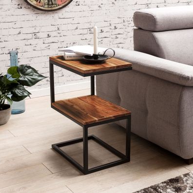 Beistelltisch INDI Massivholz S-Form 2 Ablagen Metallgestell 45x30x60 cm
