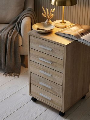Rollcontainer ITTER Holz 5 Schubladen schmal mit Bremsrollen 63 cm hoch