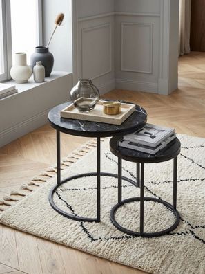 Satztisch 2er Set Marmoroptik rund Metallgestell schwarz 50x50x45 cm