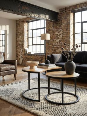 Couchtisch 2er Set ESINO Mango Massivholz Metallbeine rund Satztisch Industrie-Stil