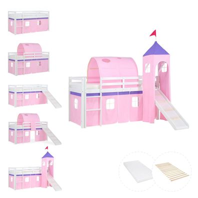 Hochbett 90x200 cm Stockbett Kinderbett Holz Kiefer Vorhang Turm Tunnel rosa Rutsc