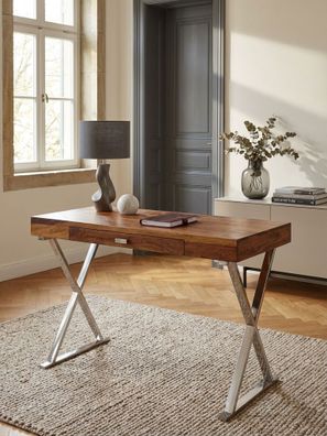 Bürotisch Massivholz Metallgestell X-Form Schublade 120 x 55 x 78 cm