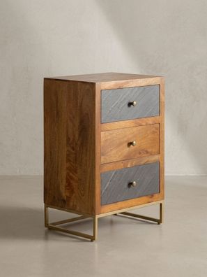 Nachttisch Mango Massivholz Steinoptik 3 Schubladen Metallgestell 40x60 cm