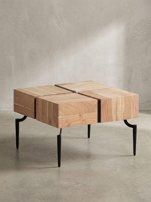 Couchtisch Massivholz quadratisch mit Metallgestell, Würfelform 60x60x40 cm