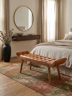 Sitzbank - Leder/Massivholz, 125x50x38cm, Chesterfield-Design, ohne Lehne