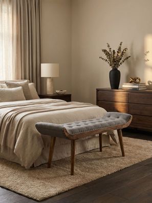 Sitzbank - Stoff/Massivholz, 125x51x38cm, Grau, Chesterfield-Design