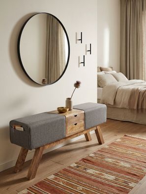 Sitzbank - Stoff/Massivholz, 120x56x30cm, Grau, mit Schubladen, Turnbock-Design