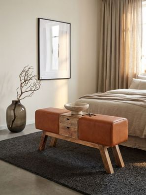 Sitzbank - Leder/Massivholz, 120x56x30cm, Braun, mit Schubladen, Turnbock-Design