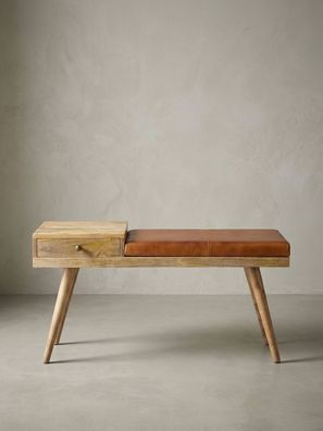 Sitzbank - Ziegenleder/Massivholz, 100x52x38cm, Braun, mit Stauraum