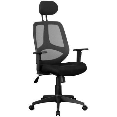 Bürostuhl Schwarz Stoff, drehbar, mit Armlehnen, Kopfstütze, 120 kg Belastbarkeit