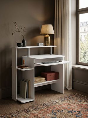 Schreibtisch - Weiß, 94x90,5x48,5cm, Tastaturauszug, kompakt, mit Druckerablage