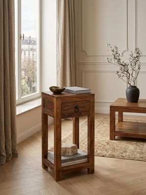 Beistelltisch - Massivholz Braun 68cm mit Schublade
