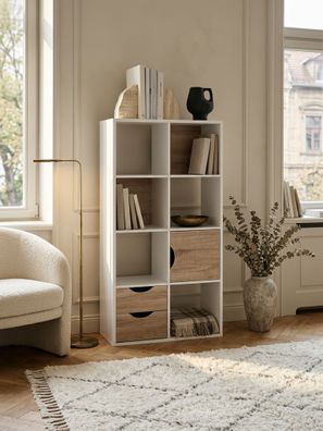 Bücherregal - Weiß/Sonoma Eiche, 60x120x29cm, mit Schubladen und Tür
