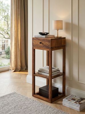 Beistelltisch - Massivholz braun, mit Schublade, 35x35x90cm