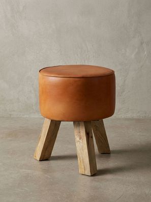 Sitzhocker - Holz/Echtleder, 37x45x37cm, modern, rund