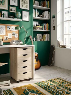 Rollcontainer - Sonoma MDF, 33x64x38cm, 5 Schubladen, Rollen, modern
