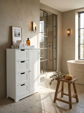 Badschrank Weiß im Landhausstil, 4 Schubladen & Tür, MDF, 56x83x30cm