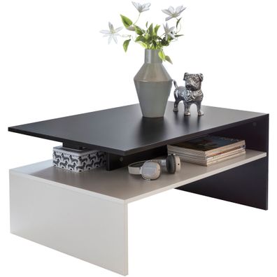 Couchtisch Schwarz/Weiß Holz mit Ablage 90x43x60cm, Modern Eckig Groß Hoch