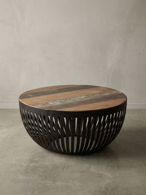 Couchtisch in Dunkelbraun mit Metallgestell im Industrial Design, Maße: 70x33x70cm