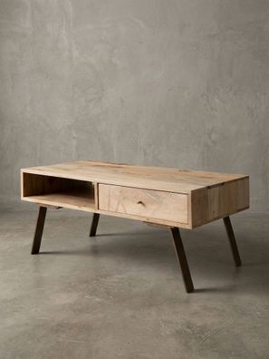 Couchtisch Mango Massivholz Metall mit Schublade 95x42x50cm Landhaus Braun