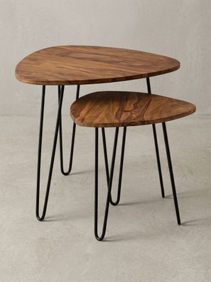 Beistelltisch Set - 2-teilig, Massivholz, Metallgestell, schmal