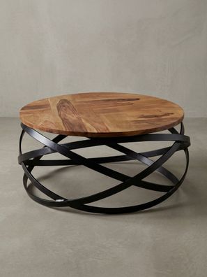 Couchtisch rund aus Massivholz und Metall in Braun, 60x30x60cm, Industrial Design